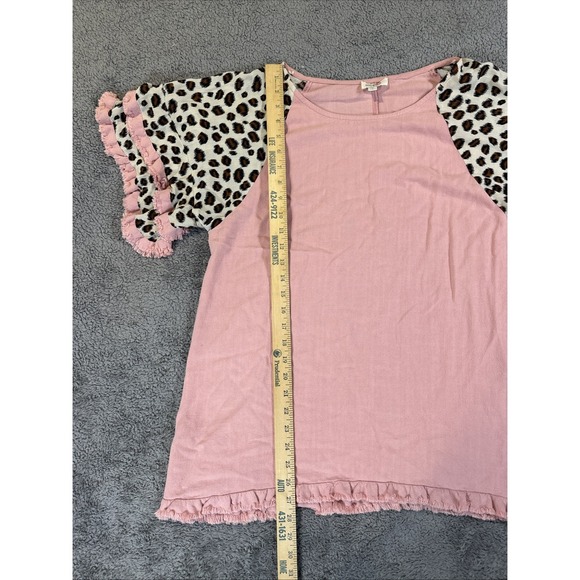 Umgee Women's M Linen Blend Pink Leopard High Low Frayed Hem Top Boho Lagen Look - Picture 4 of 9